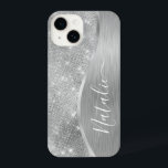 Coque Pour iPhone 14 Silver Glitter Glam Bling Personalized<br><div class="desc">Personnalisez facilement ce boîtier de téléphone à motif en métal brossé argent et en faux parties scintillant glamour avec votre propre nom personnalisé.</div>