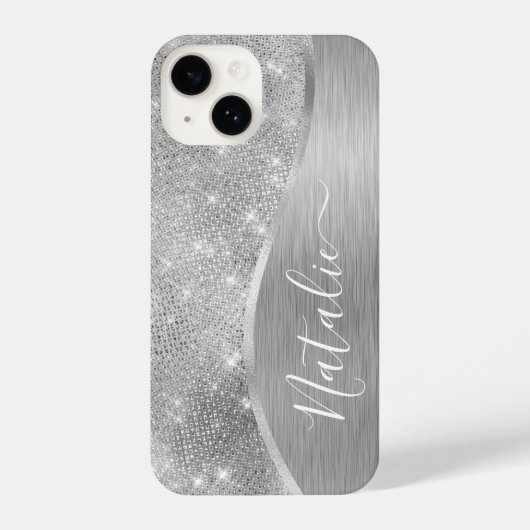Coque Pour iPhone 14 Silver Glitter Glam Bling Personalized (Verso)