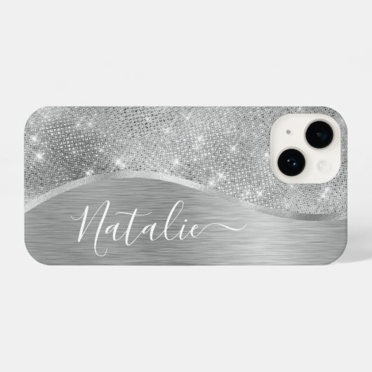 Coque Pour iPhone 14 Silver Glitter Glam Bling Personalized (Verso Horizontal)