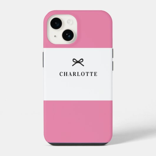 Coque Pour iPhone 14 Simple Chic Classic Pink Bow Nom Monogramme (Verso)