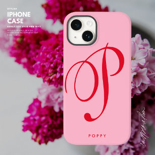 Coque Pour iPhone 14 Simple minimaliste Pink et Red Script Nom initial