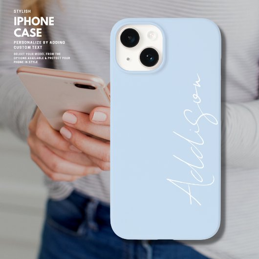 Coque Pour iPhone 14 Simple tendance Pale Bleu et Blanc Nom de script