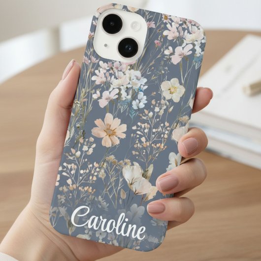 Coque Pour iPhone 14 Slate Blue Floral Personalized 