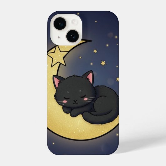 Coque Pour iPhone 14 Sleeping Black Cat Gold Crescent Moon Celestial (Verso)