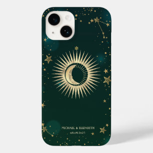 Coque Pour iPhone 14 Soleil Or Céleste Et Étoiles Lune Vert