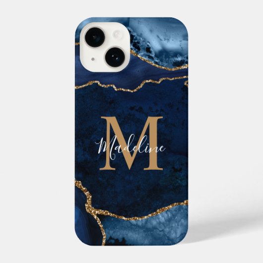 Coque Pour iPhone 14 Stylo Marine Blue Agate Geode Gold Script Monogram (Verso)