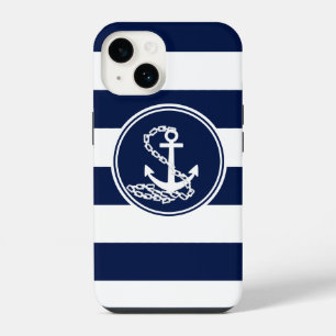 Coque Pour iPhone 14 Symbole d'ancre nautique, rayures blanches et bleu