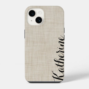 Coque Pour iPhone 14 Texture de faux lin beige avec monogramme personna