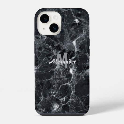 Coque Pour iPhone 14 Texture de marbre noir avec monogramme (Verso)