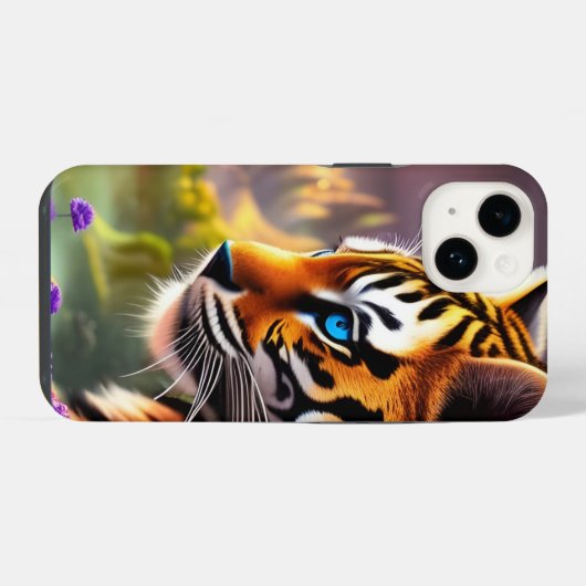 Coque Pour iPhone 14 Tiger Cub, Fleurs Violettes (Verso Horizontal)