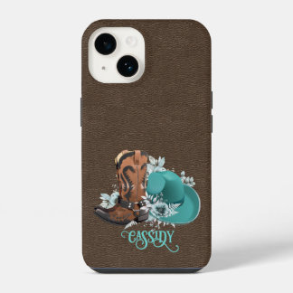 Coque Pour iPhone 14 Tissu en cuir cowgirl brun turquoise