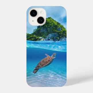 Coque Pour iPhone 14 Tortue de mer mignonne devant une île tropicale