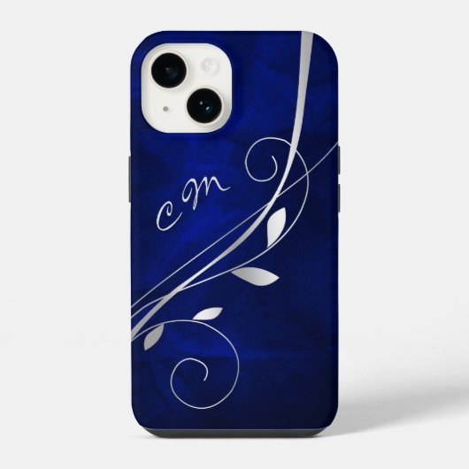 Coque Pour iPhone 14 Tourbillon de feuille d'argent Monogramme bleu roy (Verso)