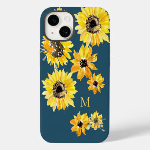 Coque Pour iPhone 14 Tournesols jaunes aquarelle sur monogramme bleu