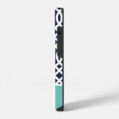 Coque Pour iPhone 14 Trellis de monogramme Navy et Aqua (Côté gauche)