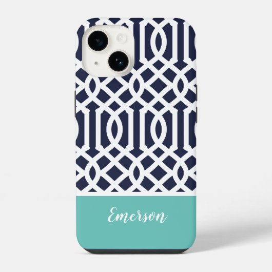 Coque Pour iPhone 14 Trellis de monogramme Navy et Aqua (Verso)