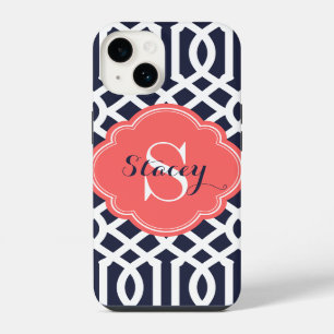 Coque Pour iPhone 14 Trellis Monogramme Moderne Corail et Marine