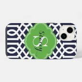 Coque Pour iPhone 14 Trellis Monogramme Moderne Vert et Marine (Verso Horizontal)