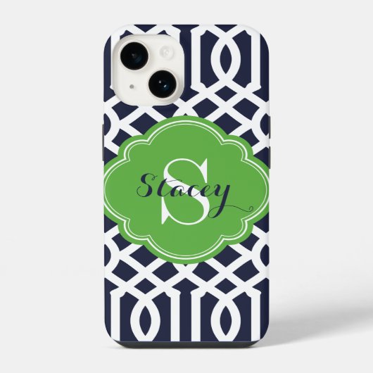 Coque Pour iPhone 14 Trellis Monogramme Moderne Vert et Marine (Verso)