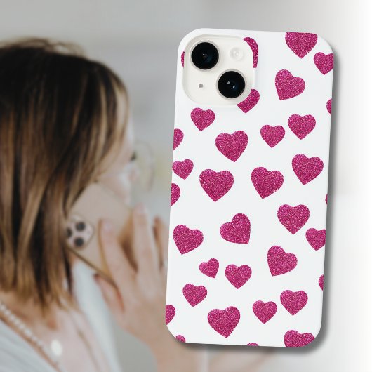 Coque Pour iPhone 14 Trendy Valentine Pink Glitter Hearts on White