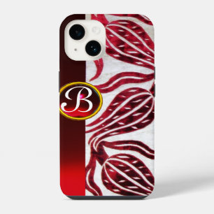 Coque Pour iPhone 14 TULIPES EN VELOURS DAMASSÉ ROUGE MONOGRAMME Bourgo