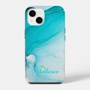 Coque Pour iPhone 14 Turquoise bleu moderne Abstrait personnalisé