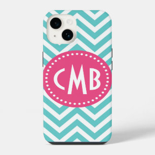 Coque Pour iPhone 14 Turquoise et rose chevron monogramme moderne