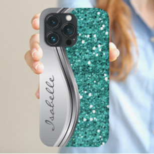 Coque Galaxy S4 Turquoise Silver Sparkle Glam Bling Métal personna