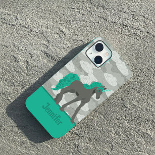 Coque Pour iPhone 14 Unicorne grise et Turquoise Personnalisée