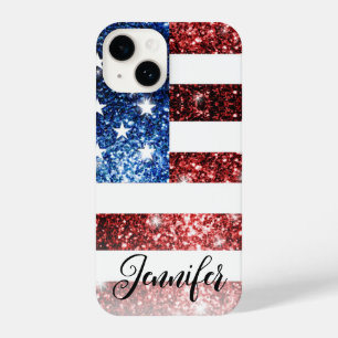 Coque Pour iPhone 14 USA flag rouge bleu faux scintille parties scintil
