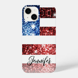 Coque Pour iPhone 14 USA flag rouge bleu faux scintille parties scintil