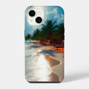 Coque Pour iPhone 14 Vagues tropicales Plage ciel bleu nuageux