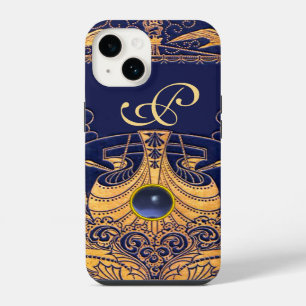 Coque Pour iPhone 14 Vaisseau antique, Dauphins, Or, Monogramme bleu ma