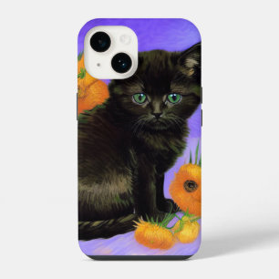 Coque Pour iPhone 14 Van Gogh Kitten noir avec des tournesols