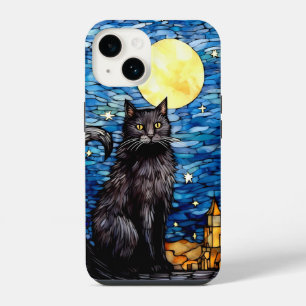 Coque Pour iPhone 14 Verre tendu Chat noir Starry nuit