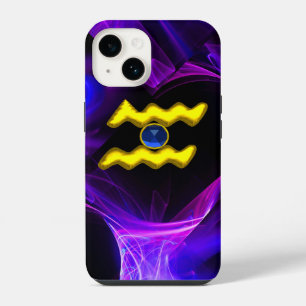 Coque Pour iPhone 14 VERSEAU Signe du zodiaque en or Fractales Bleu Vio