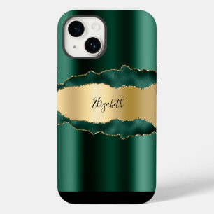 Coque Pour iPhone 14 Vert émeraude or agate nom écriture
