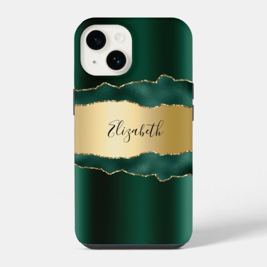 Coque Pour iPhone 14 Vert émeraude or agate nom écriture (Verso)