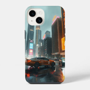 Coque Pour iPhone 14 Ville de gratte-ciel cyberpunk avec voitures