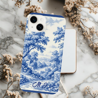 Coque Pour iPhone 14 Vintage Landscape French Toile Blue Flora Monogram