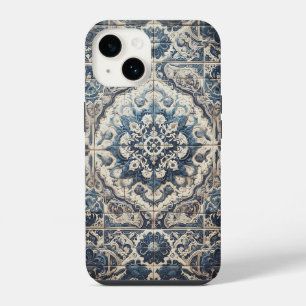 Coque Pour iPhone 14 Vintage Méditerranéen Bleu et Blanc Ornemental En