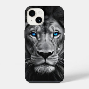 Coque Pour iPhone 14 Visage de Lion Gras avec des Yeux Bleus Percants –