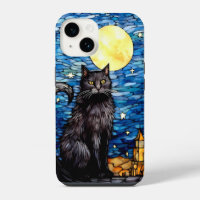 Vitrail Chat Noir Nuit Étoilée
