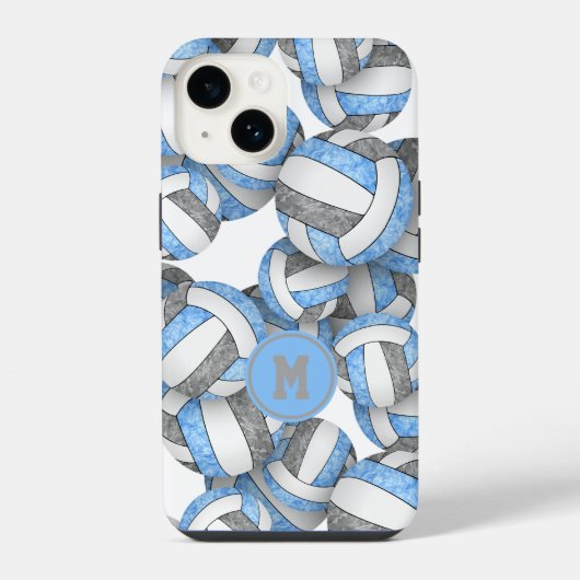 Coque Pour iPhone 14 Volleyball gris bleu clair avec monogramme pour fi (Verso)