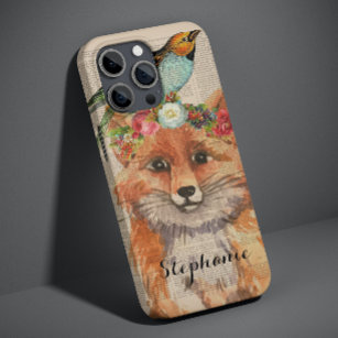 Coque Pour iPhone 14 Watercolor Fox Floral Collage Nom personnalisé