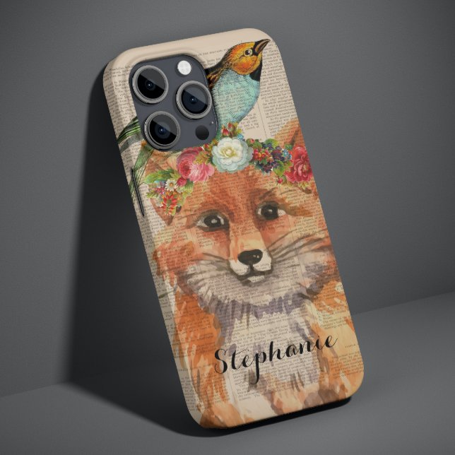 Coque Pour iPhone 14 Watercolor Fox Floral Collage Nom personnalisé