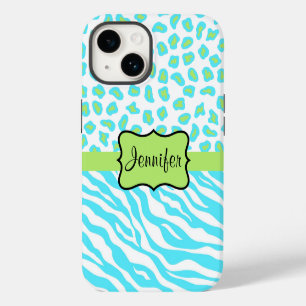Coque Pour iPhone 14 Zebra et Cheetah Skin Turquoise bleu Nom vert