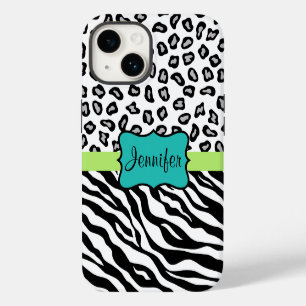 Coque Pour iPhone 14 Zèbre Guépard Léopard Peau Noir Blanc Turquoise No