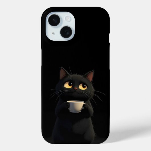 Coque Pour iPhone 15 Chat noir avec café Mug Funny coque iphone (Verso)