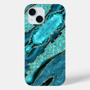 Coque Pour iPhone 15 coque iphone turquoise Blue Gold Sparkly Turquoise